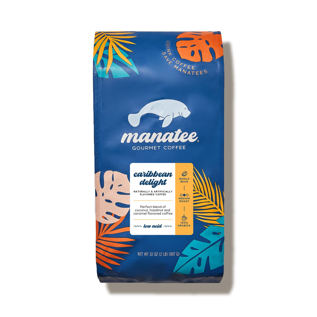 Manatee Gourmet Coffee Caribbean Delight beans reveal rich hazelnut and coconut notes in a premium Arabica blend.