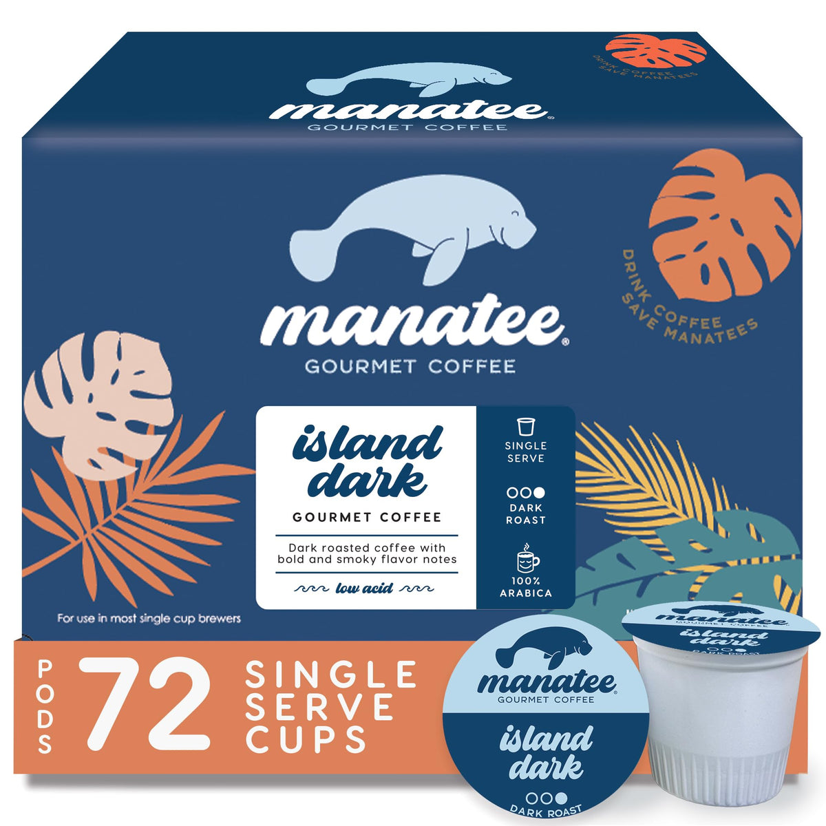 Manatee Gourmet Island Dark Roast pod ready for Keurig brewing with bold, smoky notes