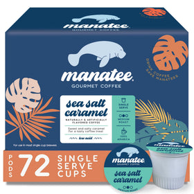 Manatee Gourmet Coffee sea salt caramel pods front view emphasizing convenient pods
