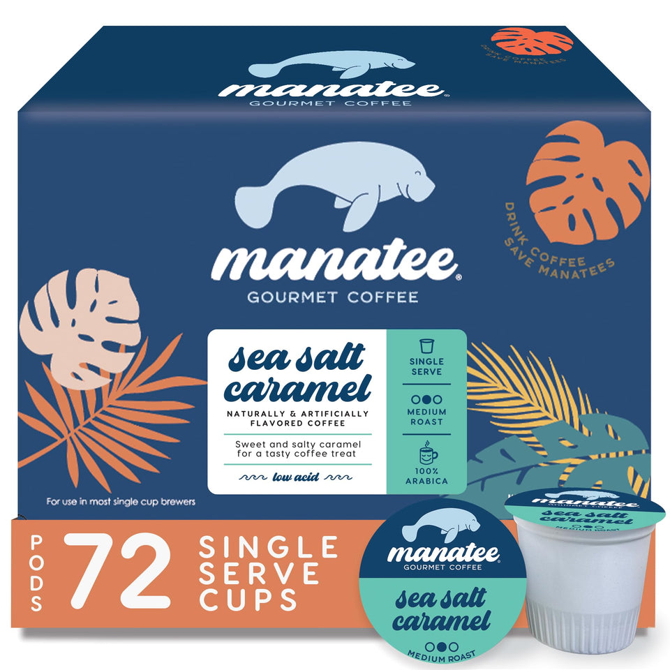 Manatee Gourmet Coffee sea salt caramel pods front view emphasizing convenient pods