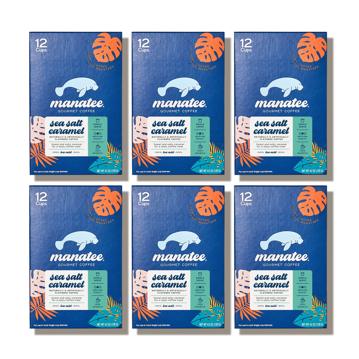 Open box of Manatee Gourmet Coffee sea salt caramel pods for Keurig