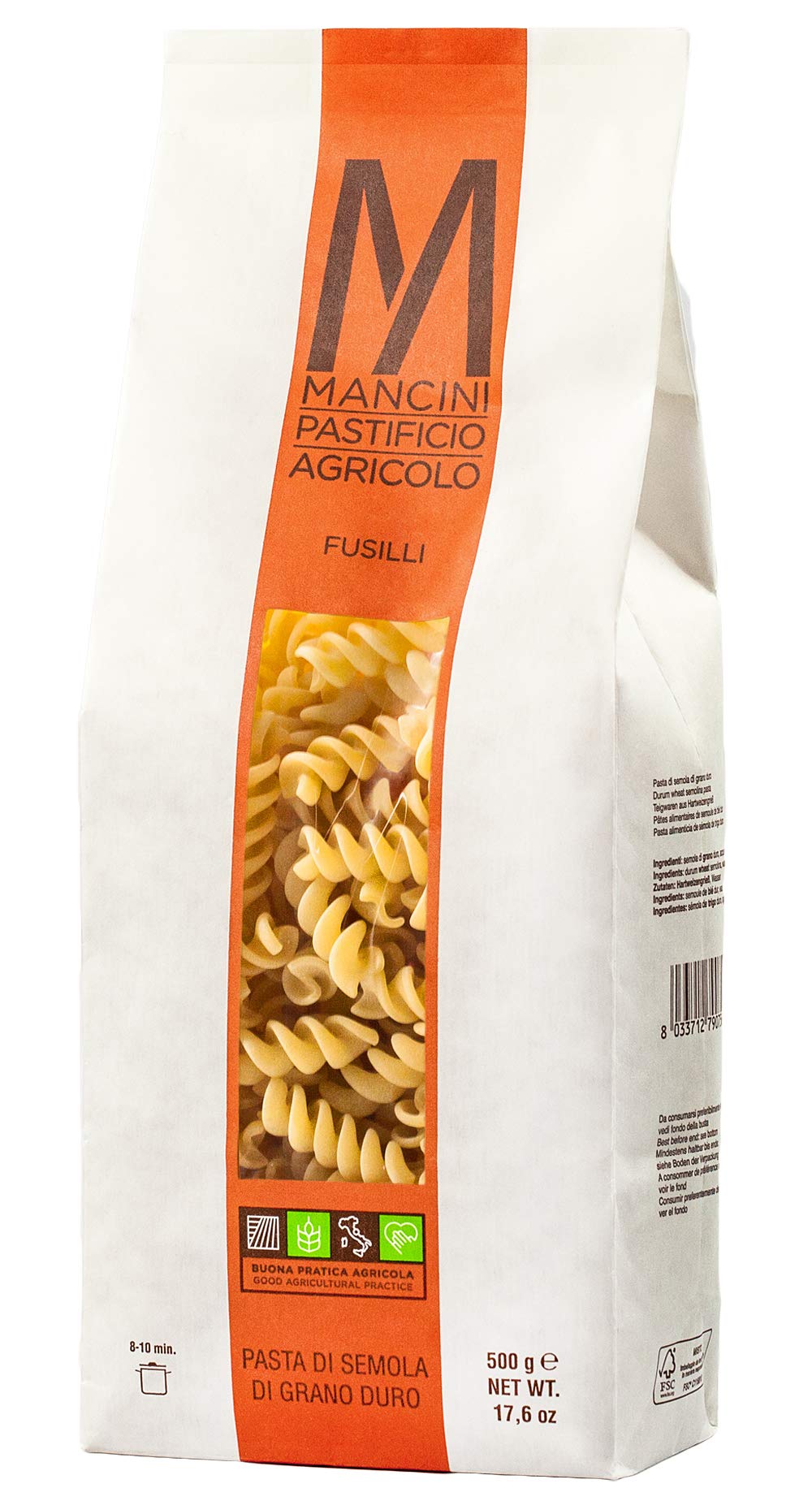 Mancini Pastificio Agricolo fusilli 500g pack on kitchen counter for easy weeknight meals.