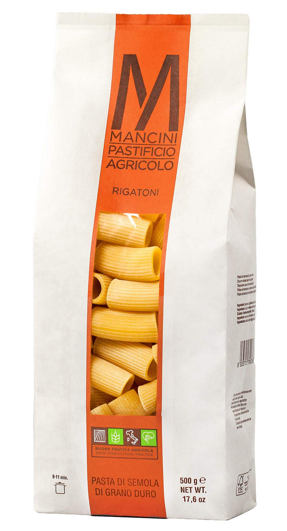Mancini Pastificio Agricolo rigatoni 500g pack ready for family dinners.