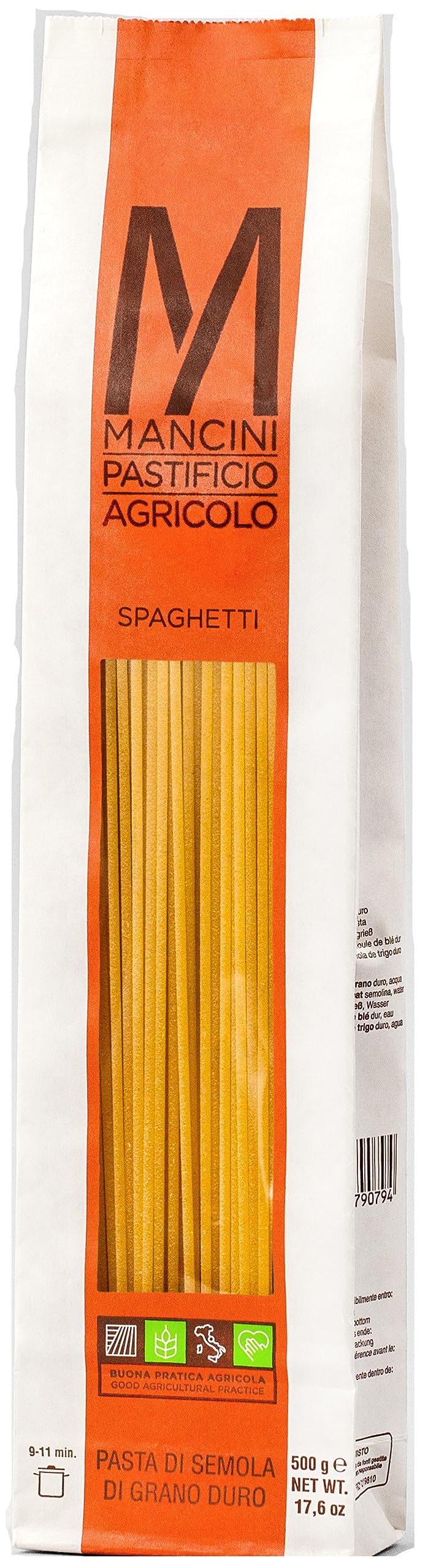 Mancini Spaghetti 500g pack with bronze-cut texture for a silky al dente bite.