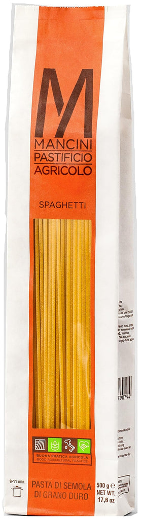 Mancini Spaghetti 500g pack with bronze-cut texture for a silky al dente bite.