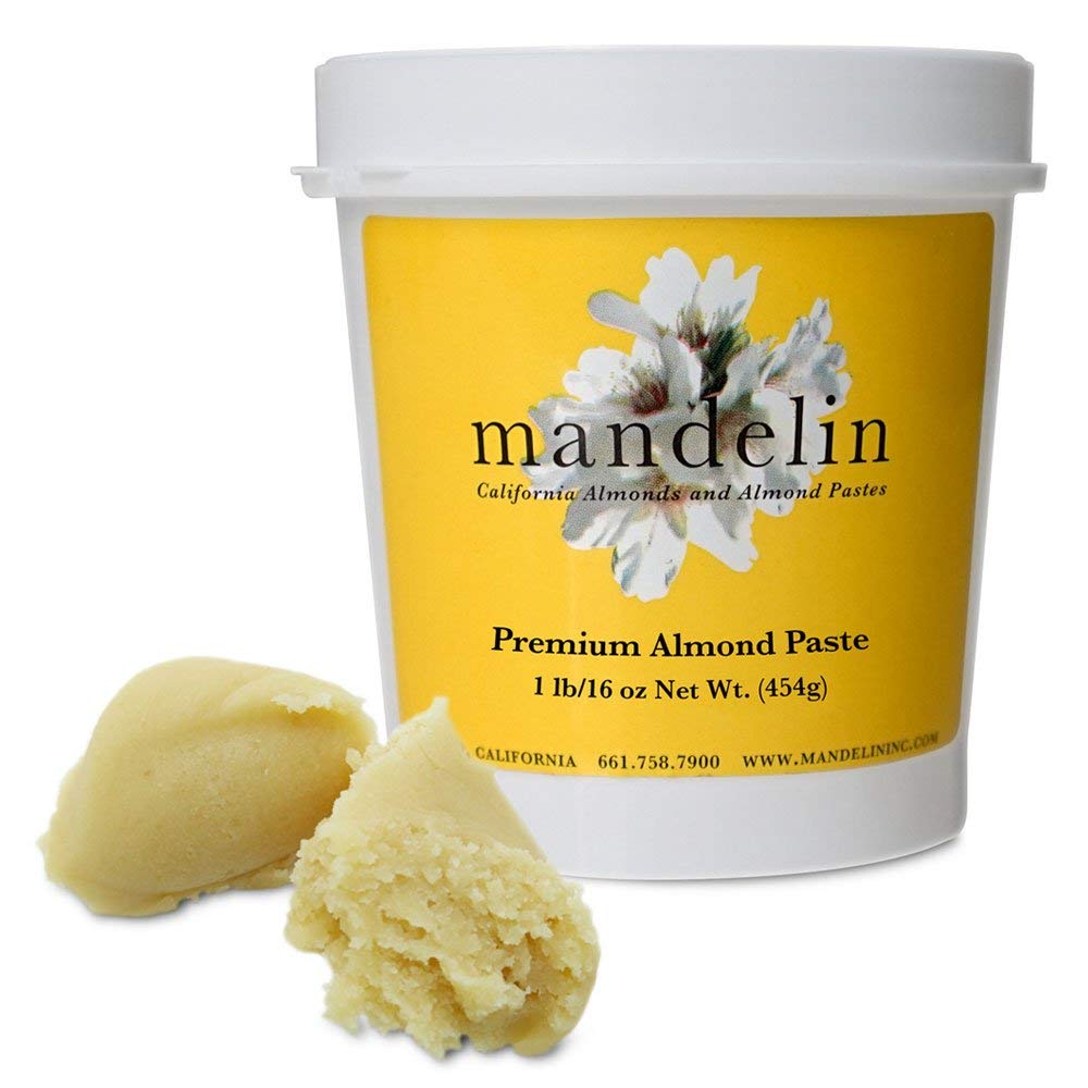 Mandelin Premium Almond Paste 1lb packaging showing gluten-free and Kosher Pareve qualities.