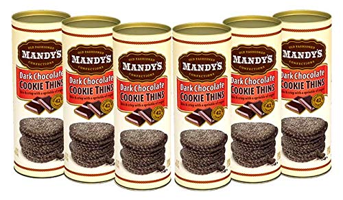 Mandy's Cookie Thins dark chocolate cookies close-up highlights crisp texture and real chocolate.