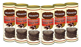 Mandy's Cookie Thins dark chocolate cookies close-up highlights crisp texture and real chocolate.