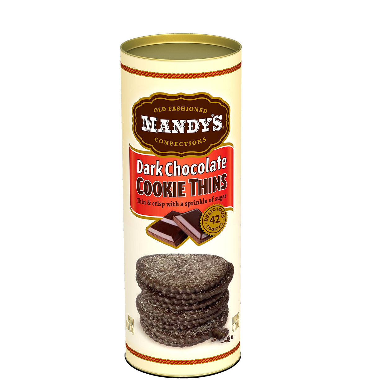 Mandy's Cookie Thins dark chocolate pack canister on shelf, premium freshness for gifting.