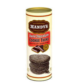 Mandy's Cookie Thins dark chocolate pack canister on shelf, premium freshness for gifting.