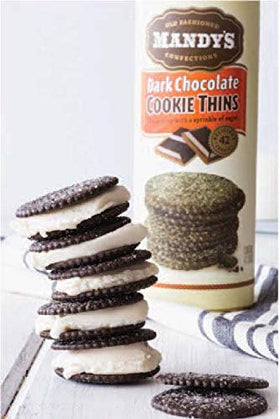 Mandy's Cookie Thins foil-wrapped cookies emphasize lasting freshness and easy sharing.