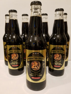Manhattan Special Expresso Coffee Soda bottle front view highlights bold espresso flavor and caffeine lift.