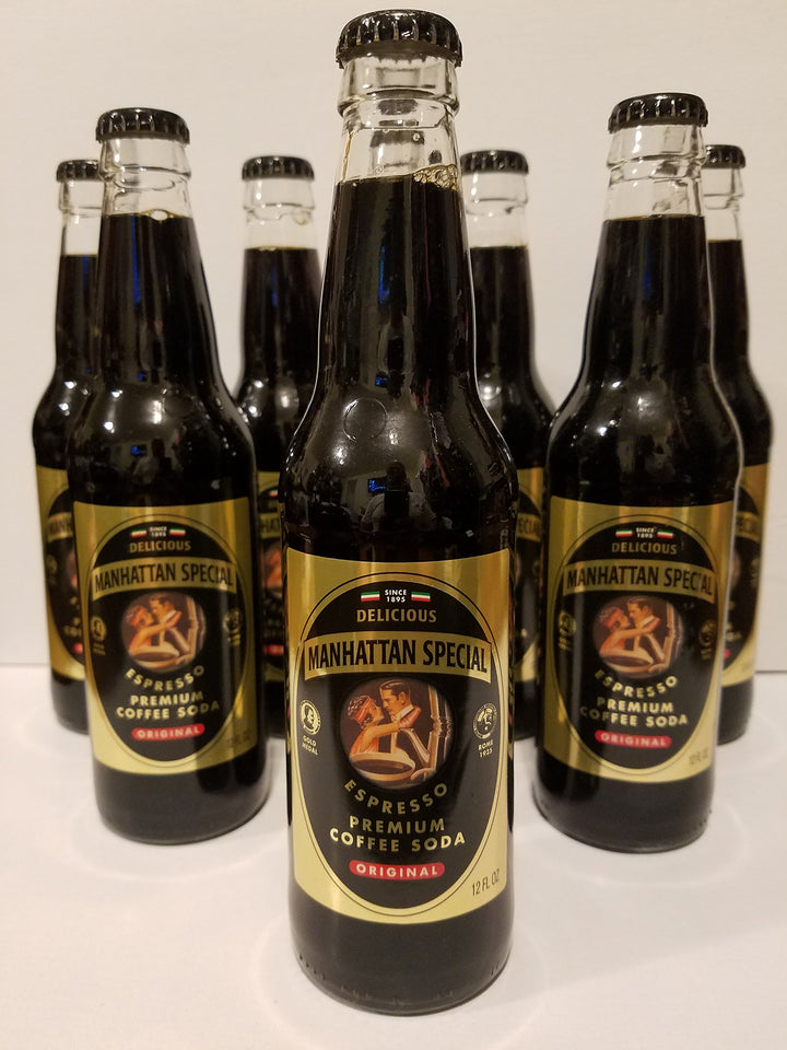 Manhattan Special Expresso Coffee Soda bottle front view highlights bold espresso flavor and caffeine lift.