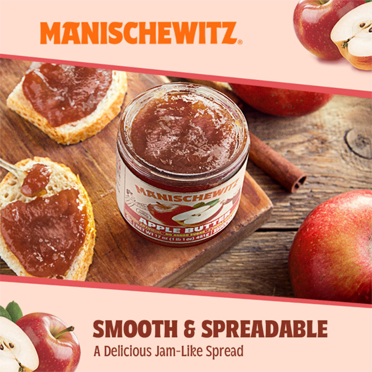 Manischewitz Apple Butter on biscuits emphasizes a jam-like, naturally sweet dip option.