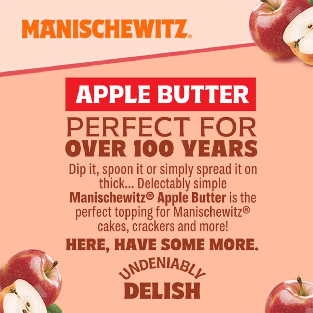 Manischewitz Apple Butter jar on countertop suggests convenient, naturally sweet pantry staple.