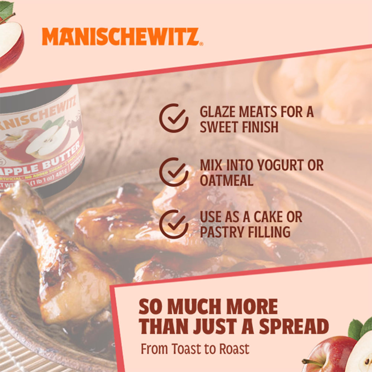 Manischewitz Apple Butter bottle showcases simple ingredients and kosher certification.