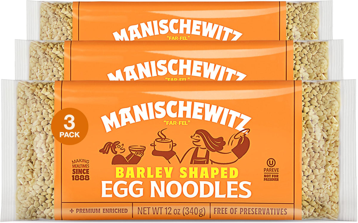 Manischewitz barley-shaped egg noodles, 3-pack, premium texture for homestyle soups and casseroles.