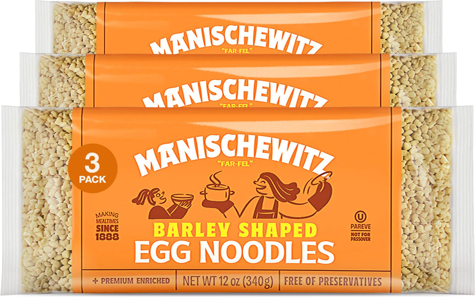 Manischewitz barley-shaped egg noodles, 3-pack, premium texture for homestyle soups and casseroles.