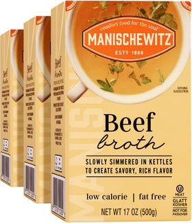 Manischewitz Beef Broth 3-pack packaging demonstrates convenience and freshness.