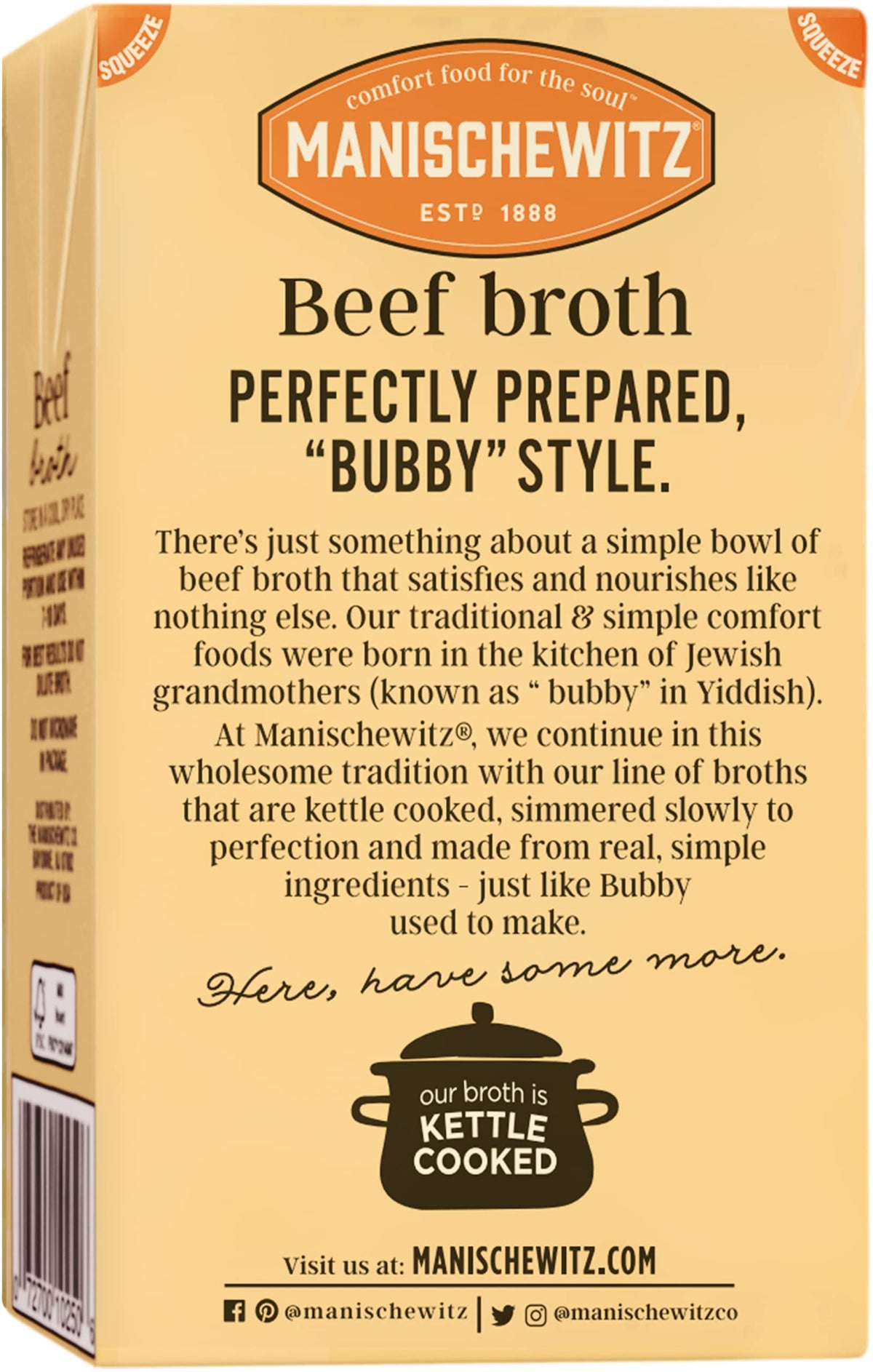 Manischewitz Beef Broth kettle-cooked label highlights rich, savory flavor.