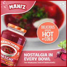 Manischewitz Borscht with Beets served with sour cream and dill enhances flavor and texture.