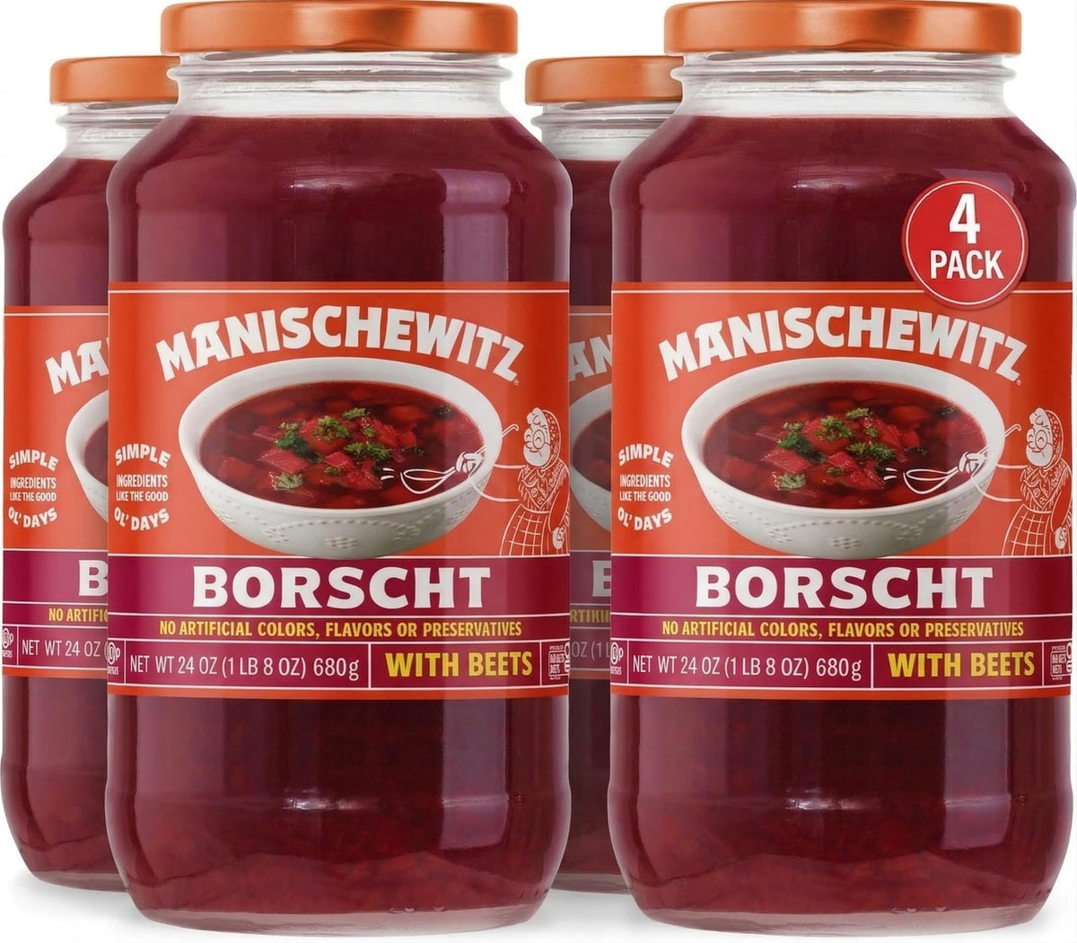 Manischewitz Borscht jar pour shows vivid beet soup ready to serve.