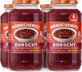 Manischewitz Borscht jar pour shows vivid beet soup ready to serve.