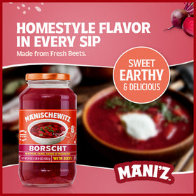 Manischewitz Borscht steaming bowl highlights ready-to-serve convenience and comforting warmth.