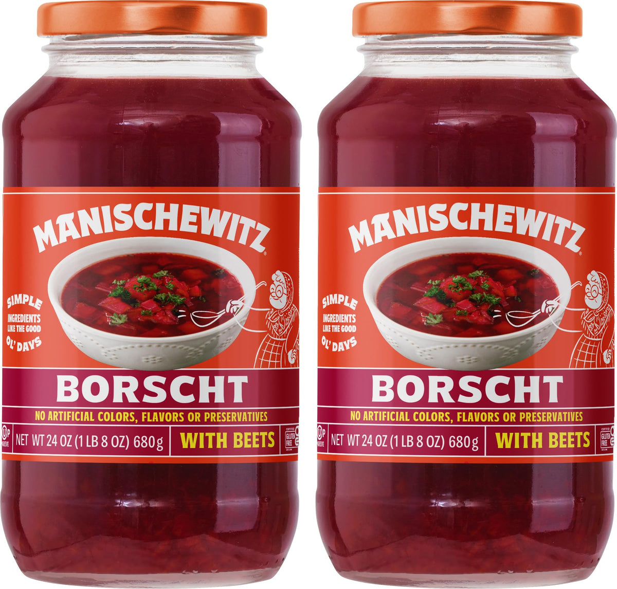 Manischewitz Borscht with Beets jar label shows authentic flavor you can enjoy anytime.
