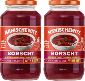 Manischewitz Borscht with Beets jar label shows authentic flavor you can enjoy anytime.