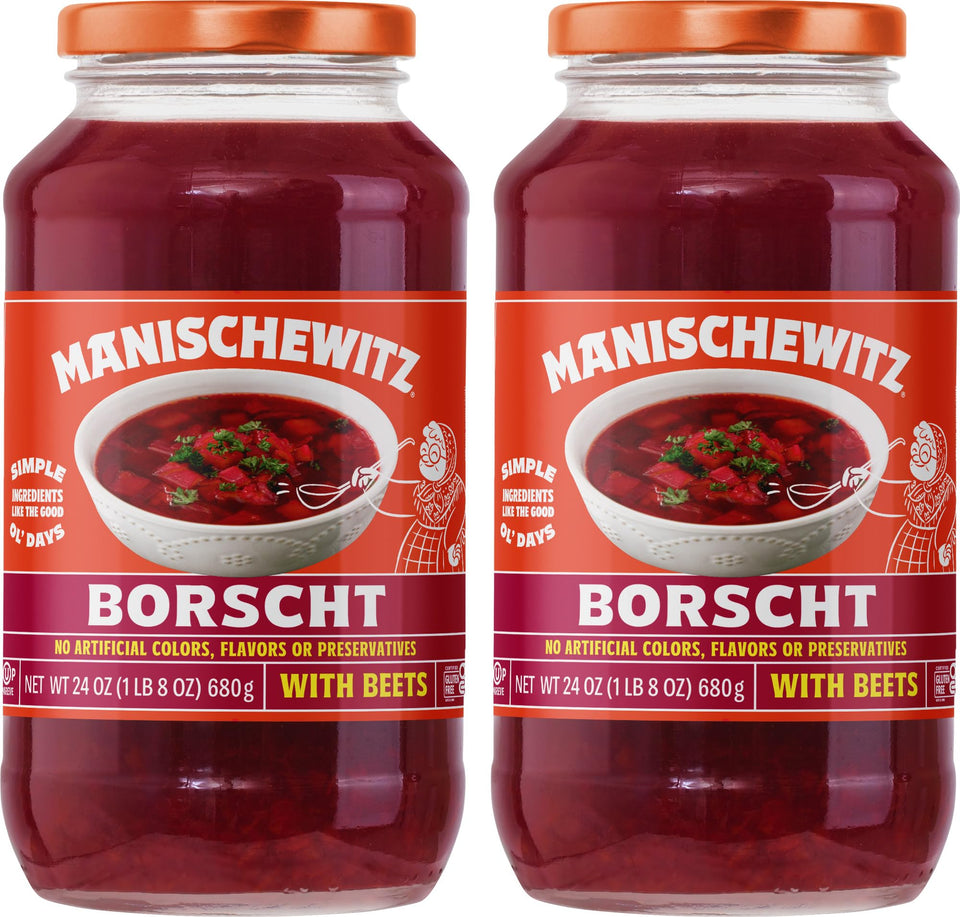 Manischewitz Borscht with Beets jar label shows authentic flavor you can enjoy anytime.