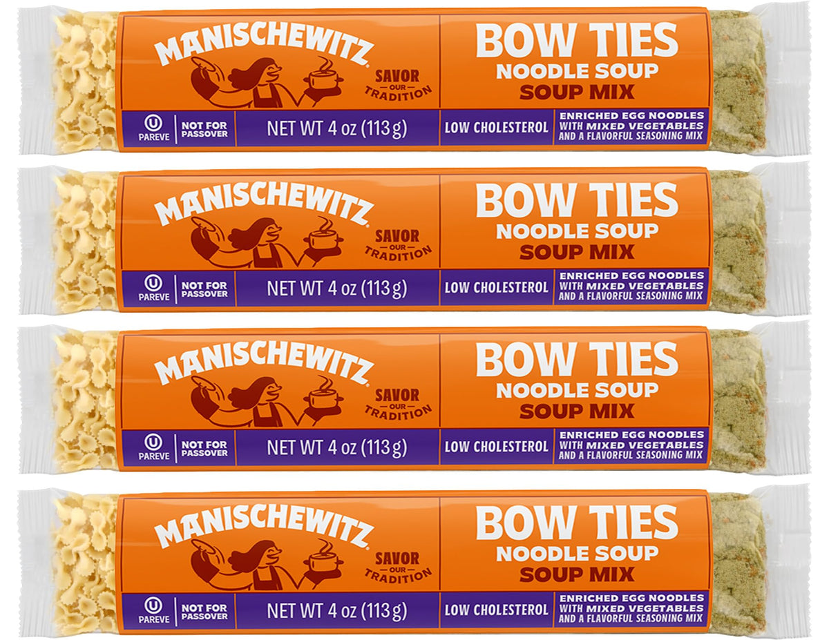 Manischewitz Bow Ties Noodle Soup Mix: quick, comforting kosher soup for family meals.