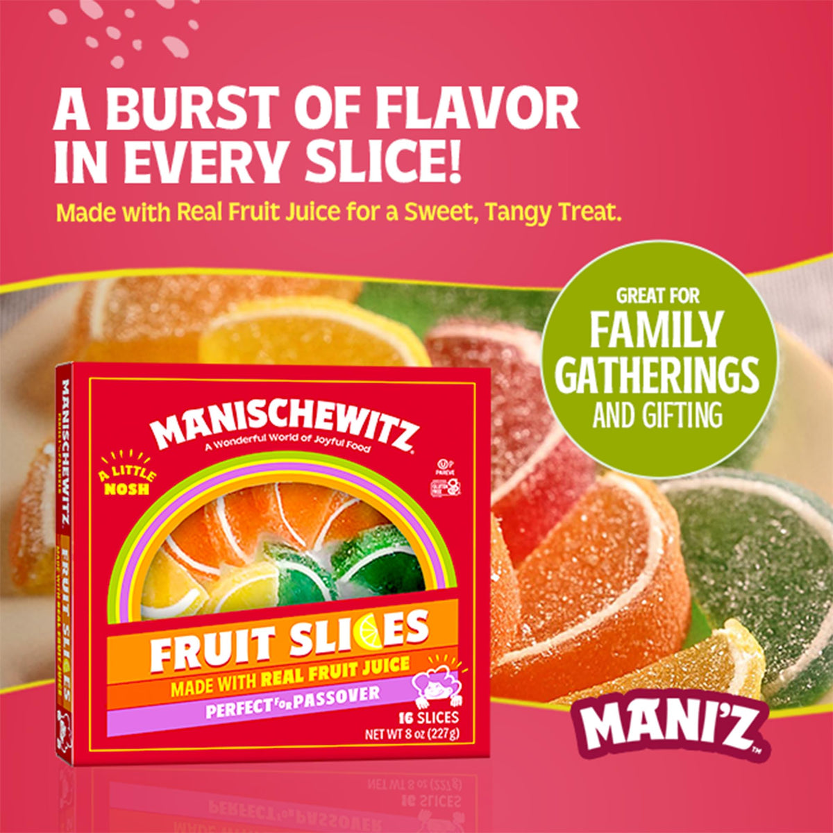 Manischewitz candied fruit slices 8oz two-pack with real fruit juice for flavor.