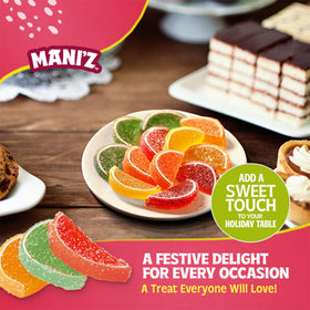 Manischewitz candied fruit slices close-up shows glossy glaze and vibrant color.