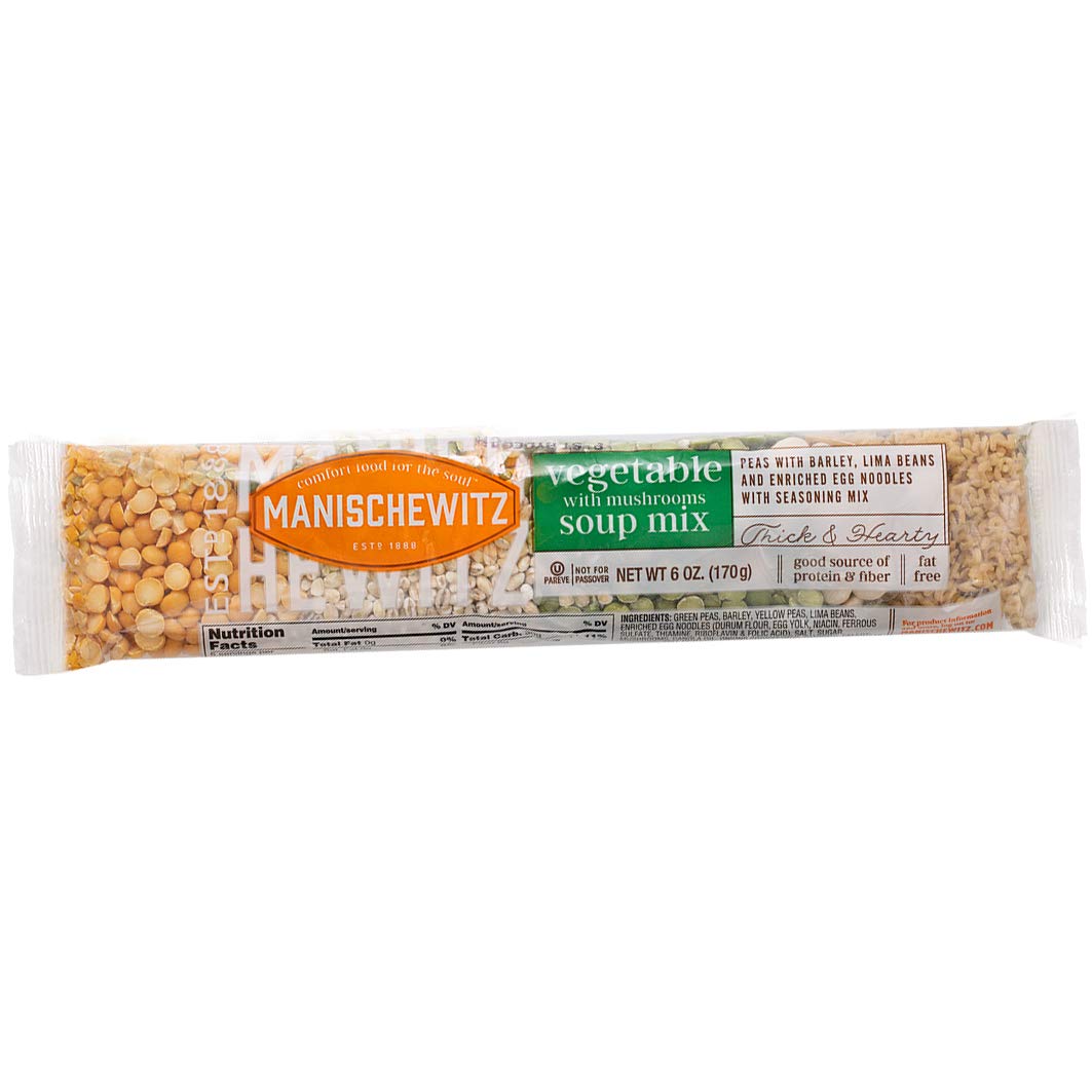 Manischewitz Cello Vegetable Mushroom Soup Mix served in a warm bowl for weeknight comfort.