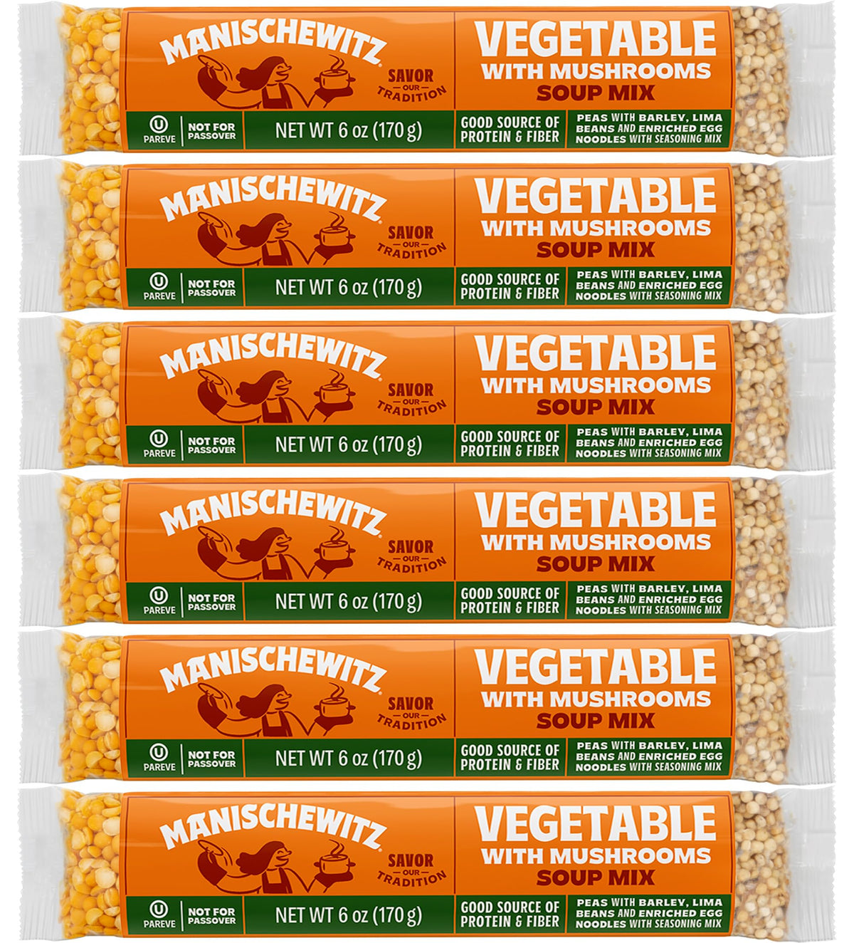 Manischewitz Cello Vegetable Mushroom Soup Mix front package showing reduced-sodium option for busy weeknights.