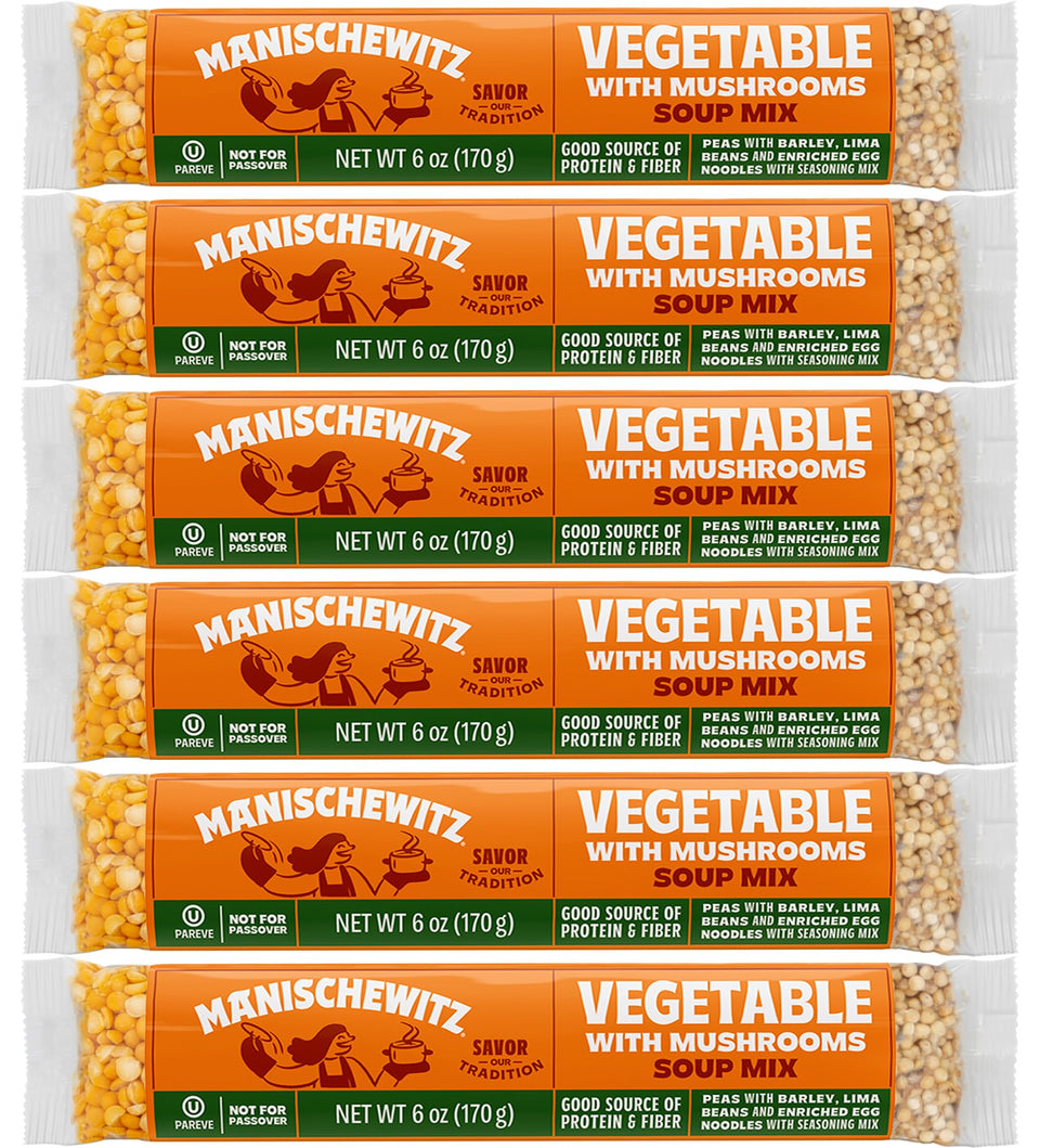 Manischewitz Cello Vegetable Mushroom Soup Mix front package showing reduced-sodium option for busy weeknights.