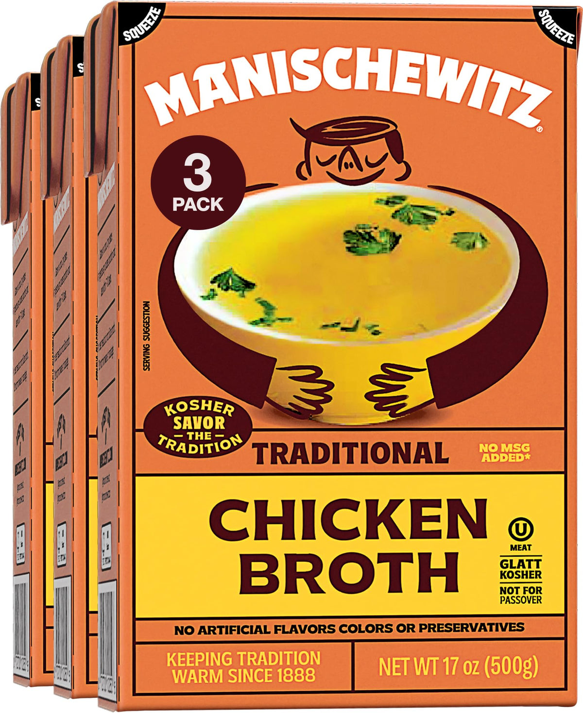 Manischewitz Chicken Broth packaging shows 17oz bottles for mess-free storage.