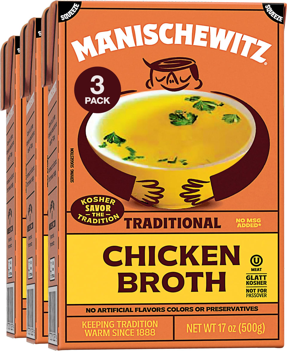 Manischewitz Chicken Broth packaging shows 17oz bottles for mess-free storage.