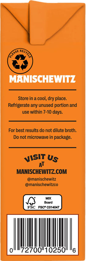 Manischewitz Chicken Broth used as soup base for depth and flavor.
