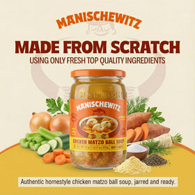 Manischewitz Chicken Matzo Ball Soup ingredients show real vegetables for wholesome, homestyle flavor.