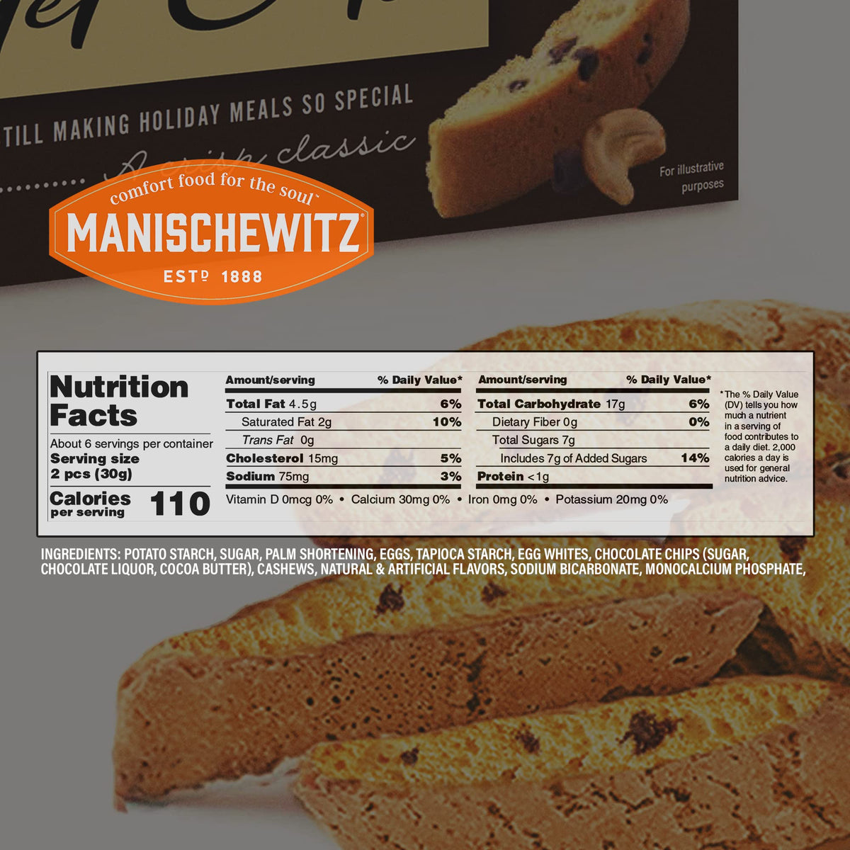 Manischewitz Chocolate Chip Nut Mandel Cuts bite shows premium cashews