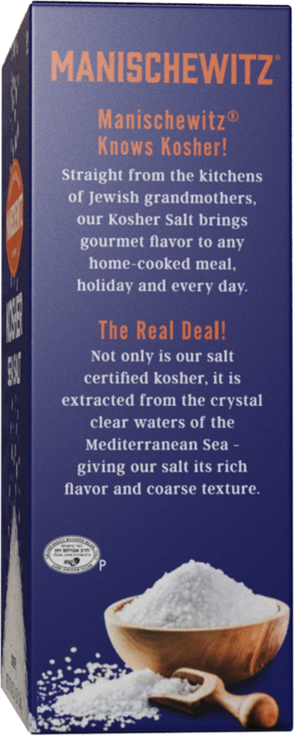 Manischewitz coarse sea salt from Sicily, ideal for baking and grilling.