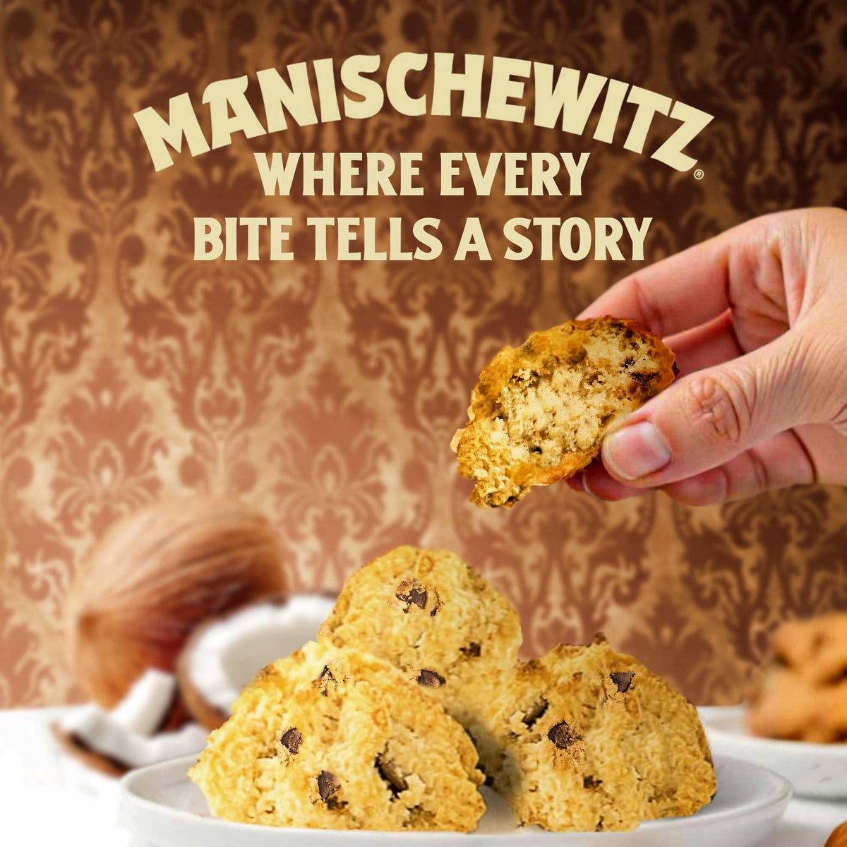Close-up of coconut macaroons with chocolate chips by Manischewitz; chewy texture and dairy-free indulgence.