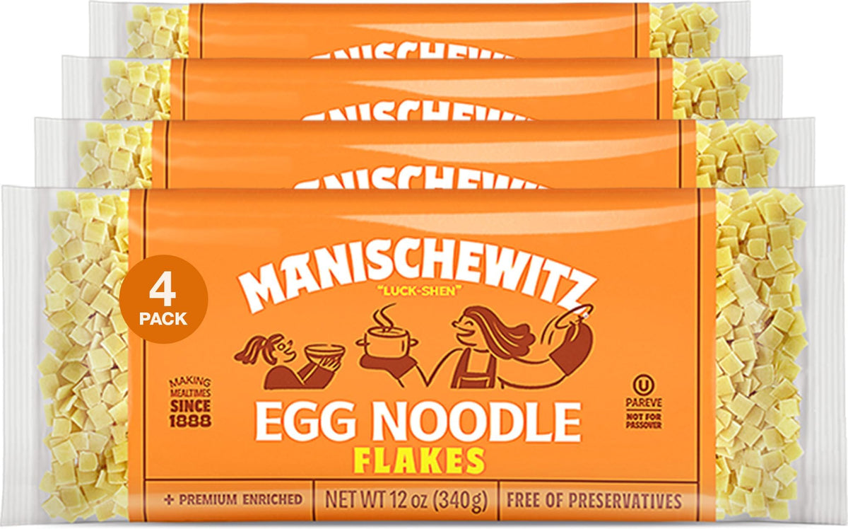 Manischewitz Egg Flakes 4-pack display, versatile for comforting soups and recipes.