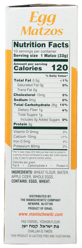 Manischewitz Egg Matzo Crackers no sodium label for lighter snacks.