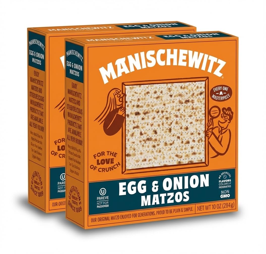 Manischewitz Egg and Onion Matzo 2-pack: crispy, savory snack for dipping or toasting.