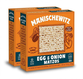 Manischewitz Egg and Onion Matzo 2-pack: crispy, savory snack for dipping or toasting.