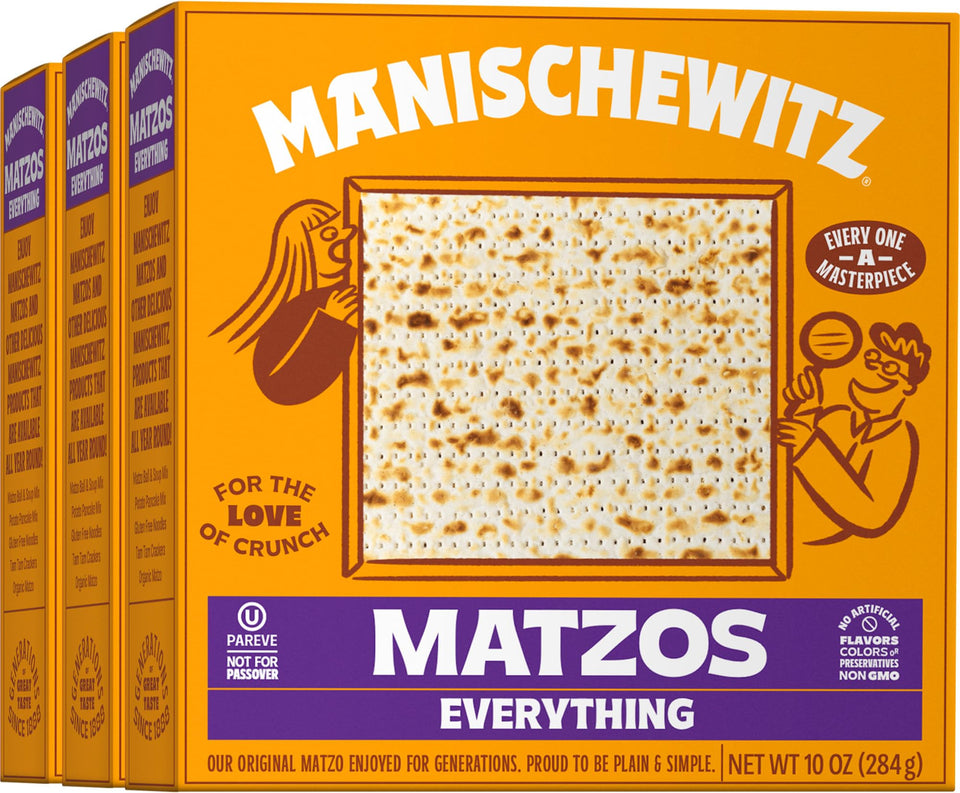 Manischewitz Everything Matzo crisp slices, ideal for toppings and spreads.