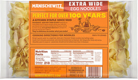 Manischewitz Extra Wide Egg Noodles pack on counter, ready for quick weeknight casseroles and pasta dishes.